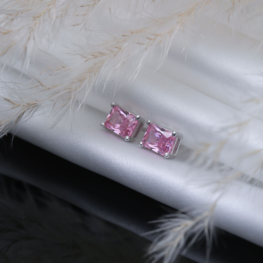 Pink CZ Stone 5x7 mm Baguette Rectangle Stud Earrings