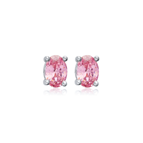 Oval Shape Pink CZ Stone Sterling Silver Stud Earrings