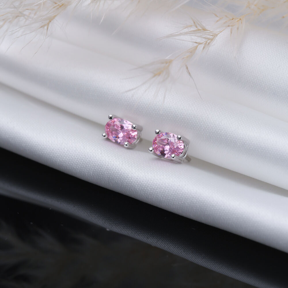 Oval Shape Pink CZ Stone Sterling Silver Stud Earrings