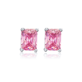 Pink CZ Stone 6x8 mm Baguette Rectangle Stud Earrings