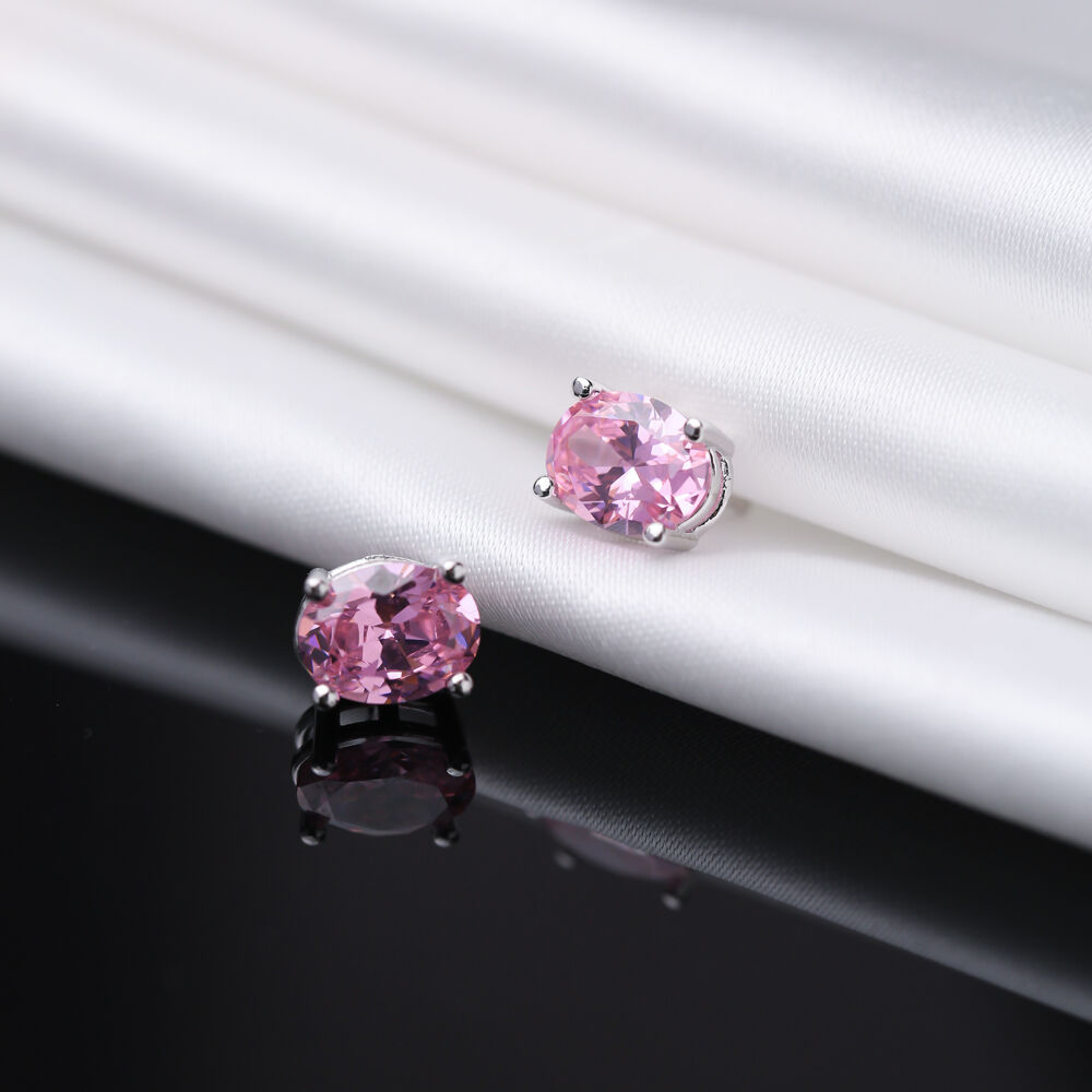 Oval Pink CZ Stones 925 Sterling Silver Stud Earrings