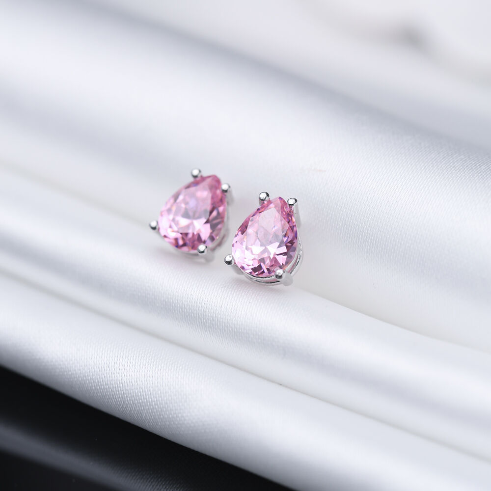 Pear Shape Pink CZ Stones Sterling Silver Stud Earrings