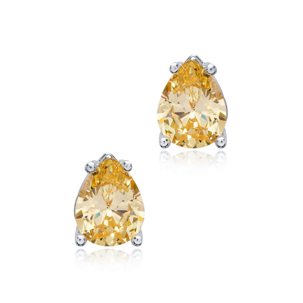 Pear Shape Citrine CZ Stones Sterling Silver Stud Earrings