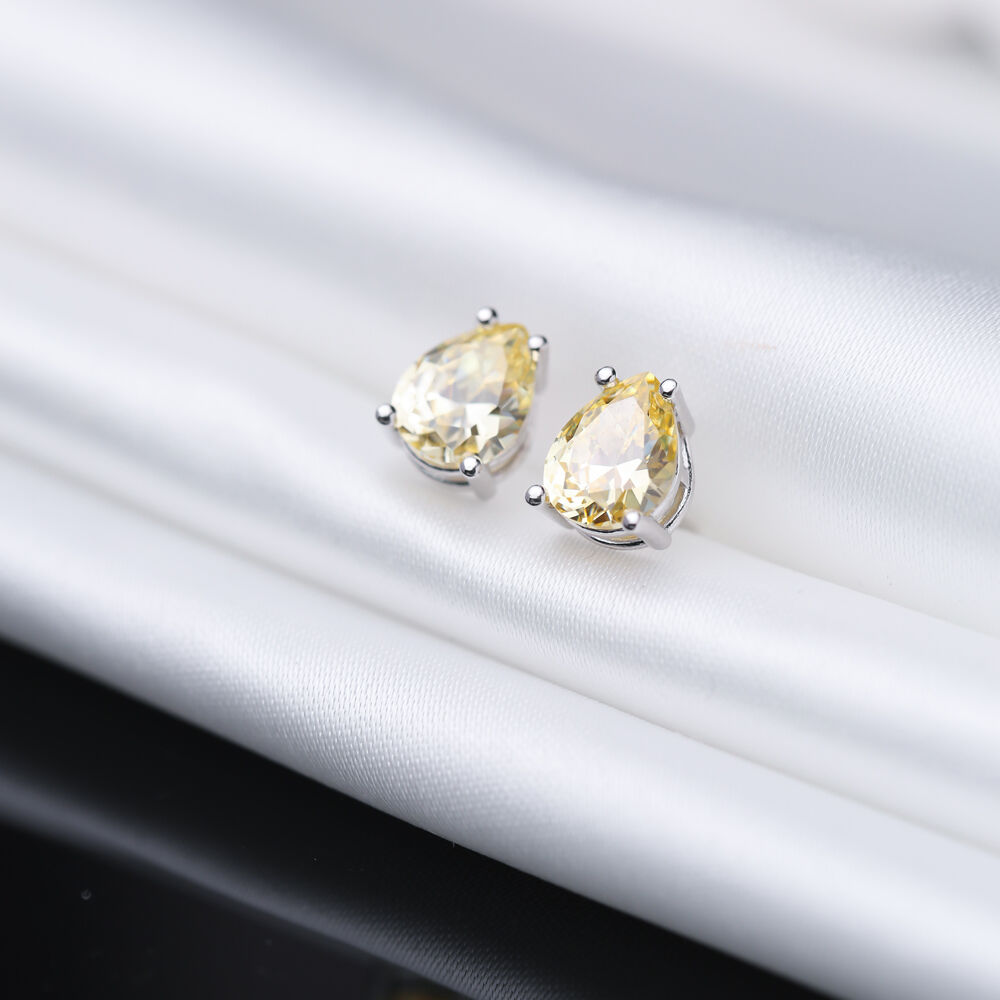 Pear Shape Citrine CZ Stones Sterling Silver Stud Earrings
