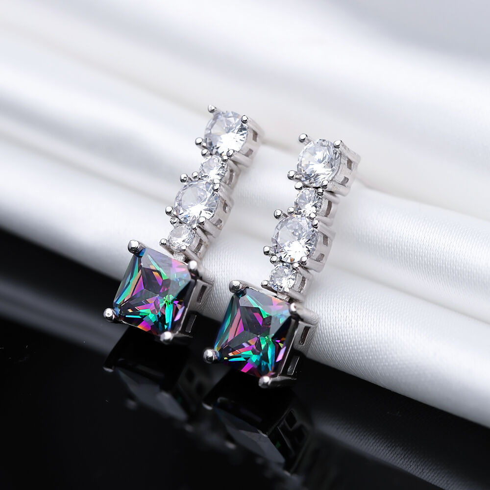 Elegant Stylish Square Amethyst CZ Stone Stud Earrings