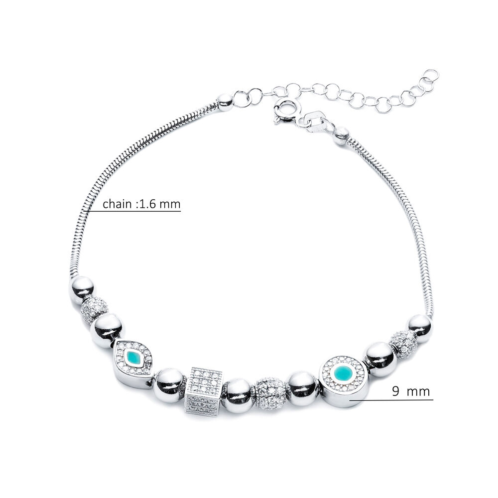 Enamel Charm Bead Bracelet Snake Chain 925 Silver Jewelry