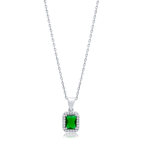 Emerald CZ Stones Baguette Rectangle Silver Charm Necklace