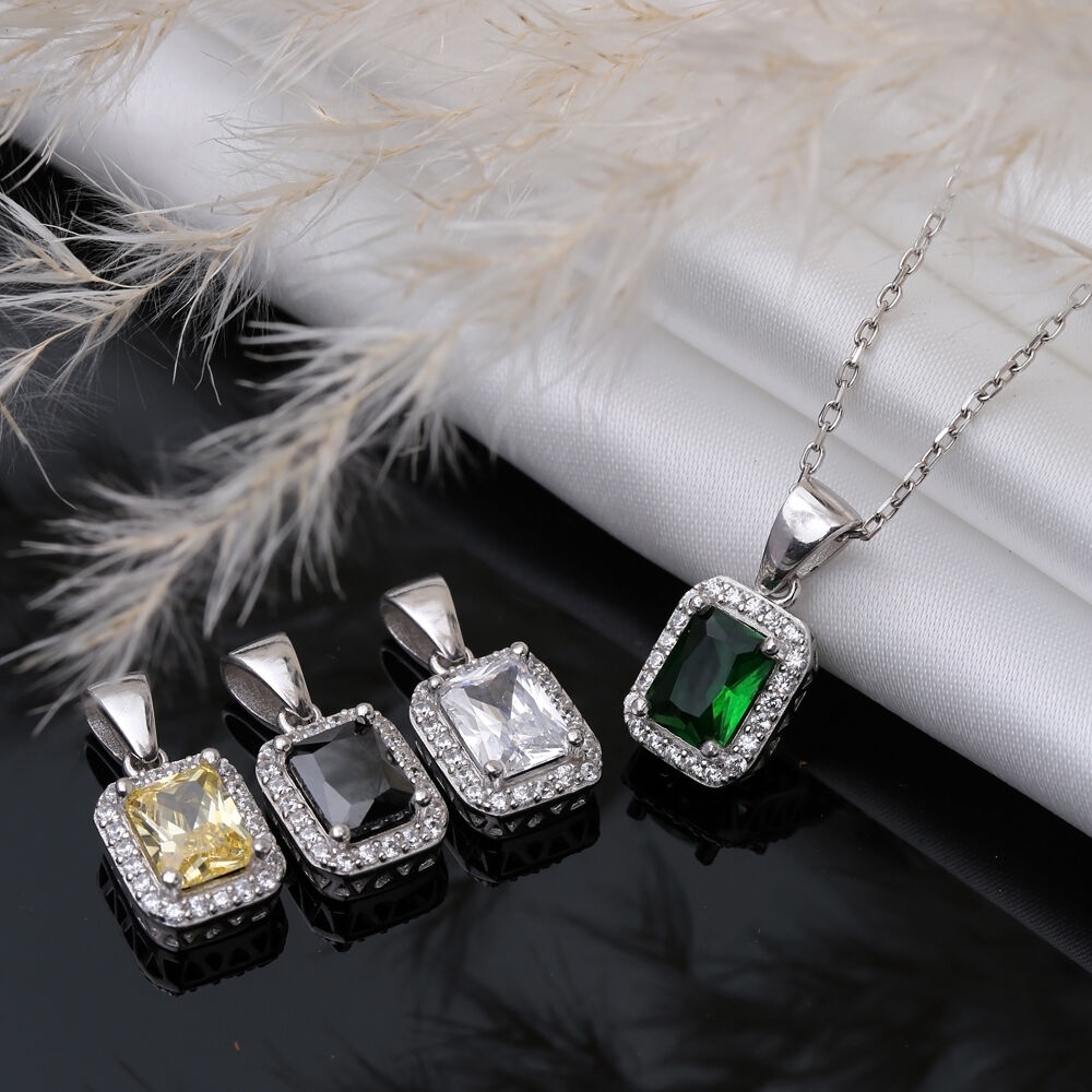 Emerald CZ Stones Baguette Rectangle Silver Charm Necklace