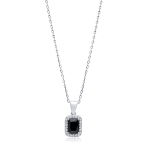 Black CZ Stones Baguette Rectangle Silver Charm Necklace