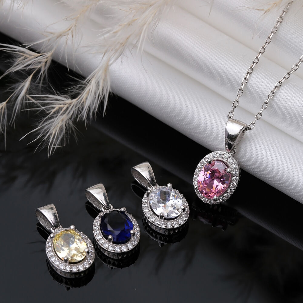 Sapphire CZ Stones Baguette Oval Silver Charm Necklace