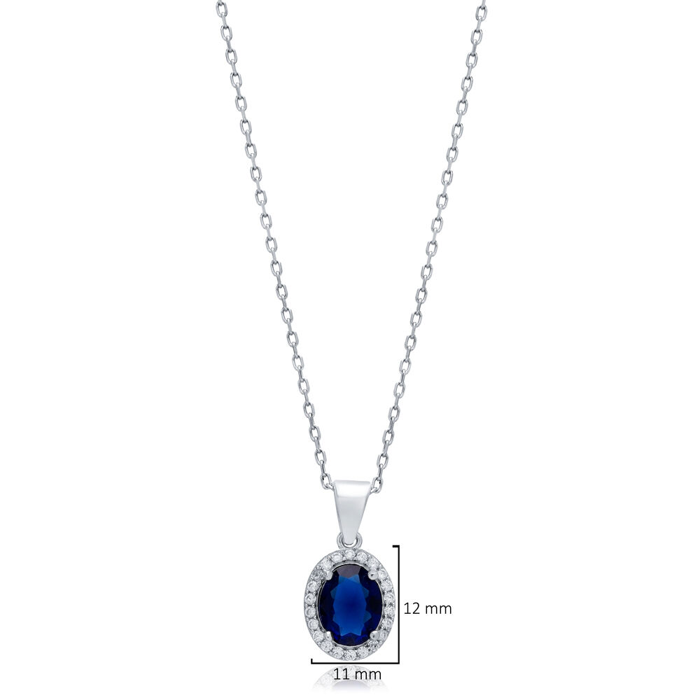 Sapphire CZ Stones Baguette Oval Silver Charm Necklace