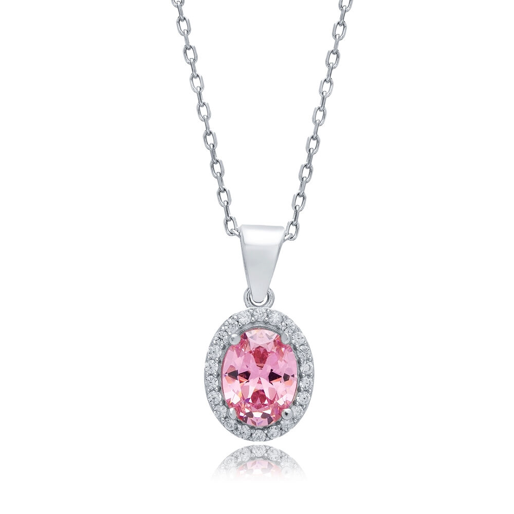 Pink CZ Stones Baguette Oval Silver Charm Necklace