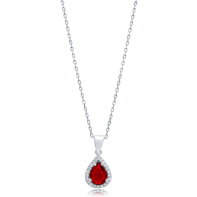 Garnet CZ Pear Design Silver Charm Necklace Pendant
