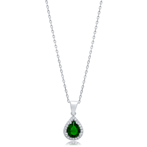 Emerald CZ Pear Design Silver Charm Necklace Pendant
