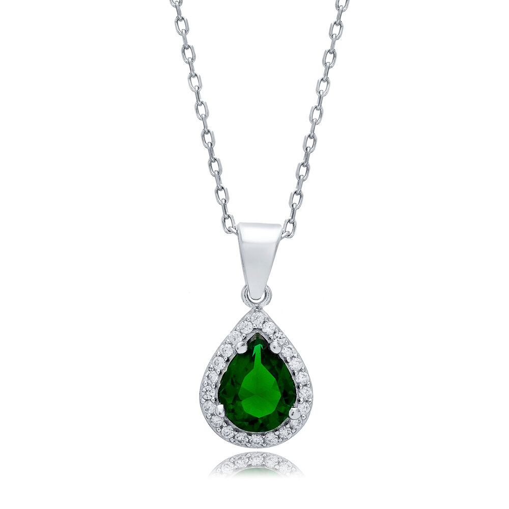 Emerald CZ Pear Design Silver Charm Necklace Pendant