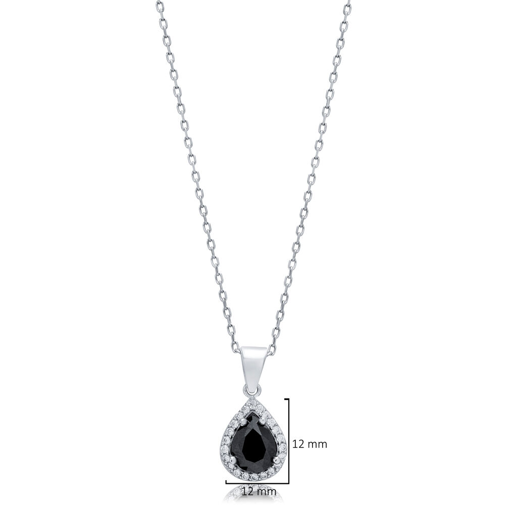 Black CZ Pear Design Silver Charm Necklace Pendant