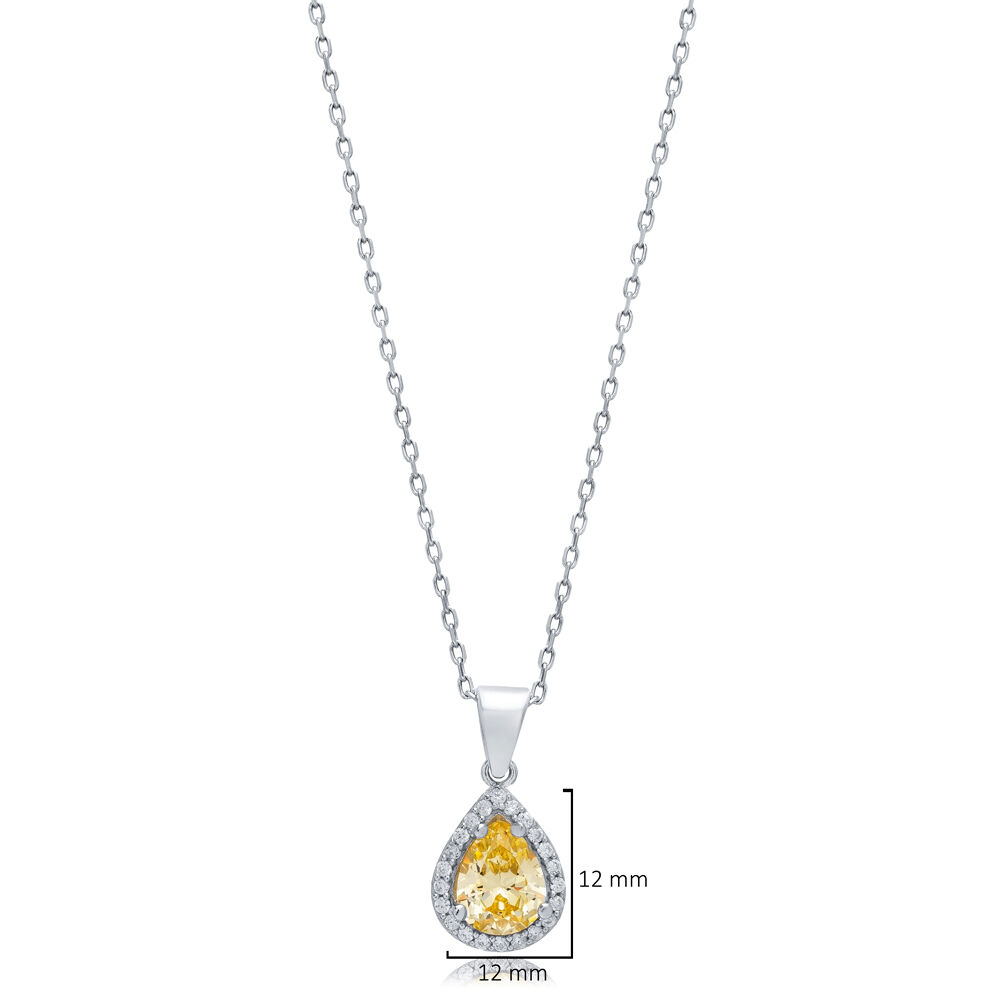 Citrine CZ Pear Design Silver Charm Necklace Pendant