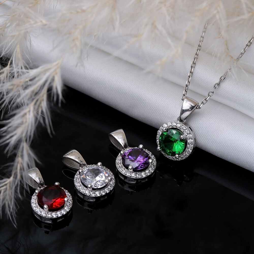 Garnet CZ Stones Round Design Silver Charm Necklace