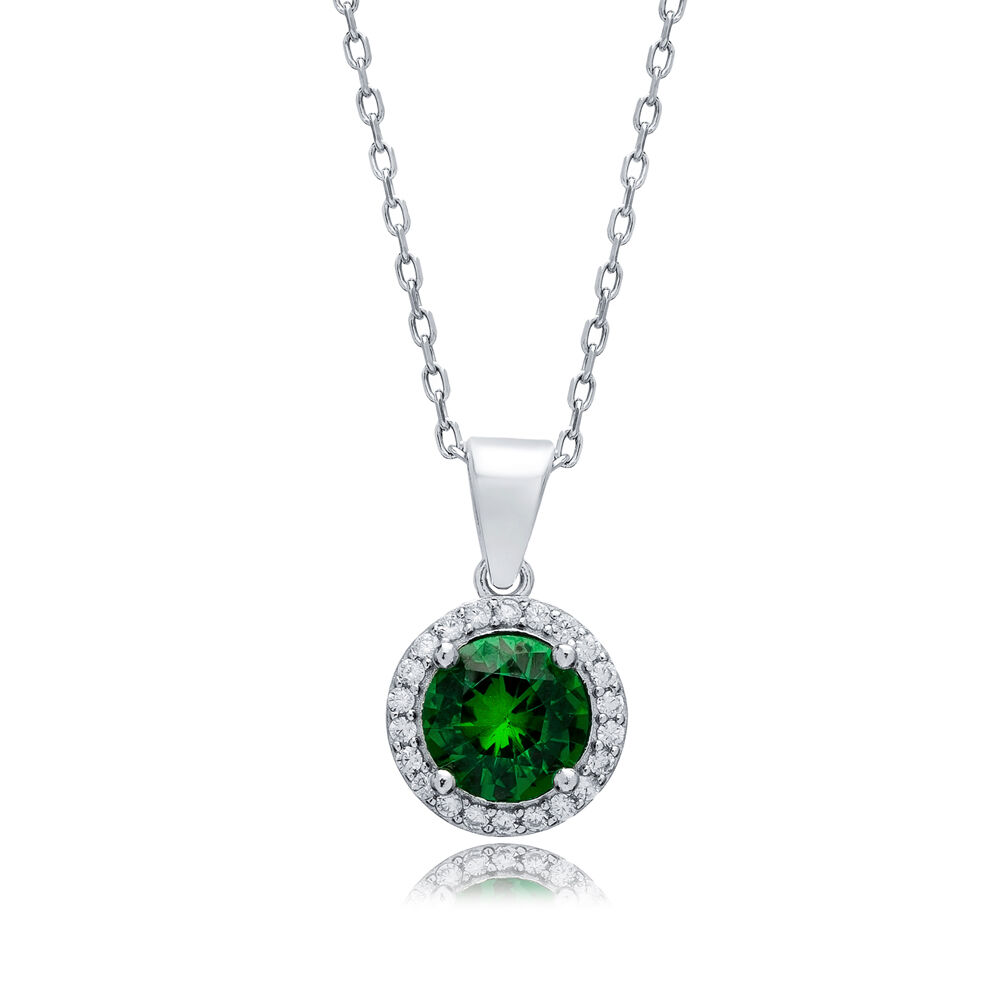 Emerald CZ Stones Round Design Silver Charm Necklace