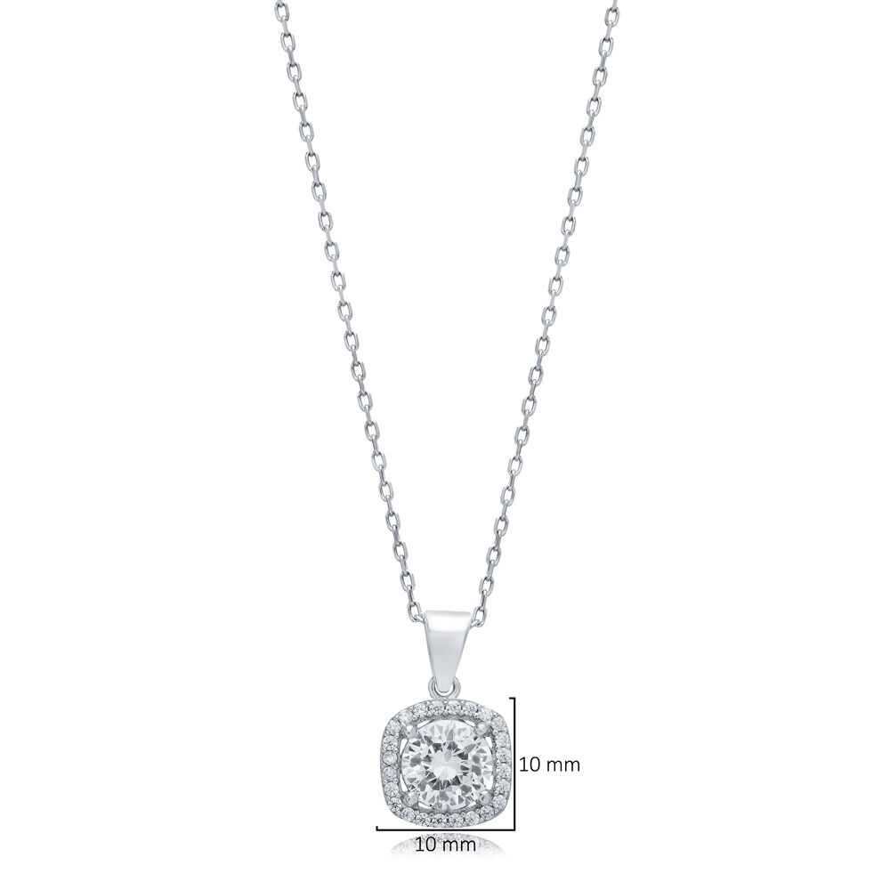 CZ Round Stone Square Design Wholesale Silver Charm Necklace