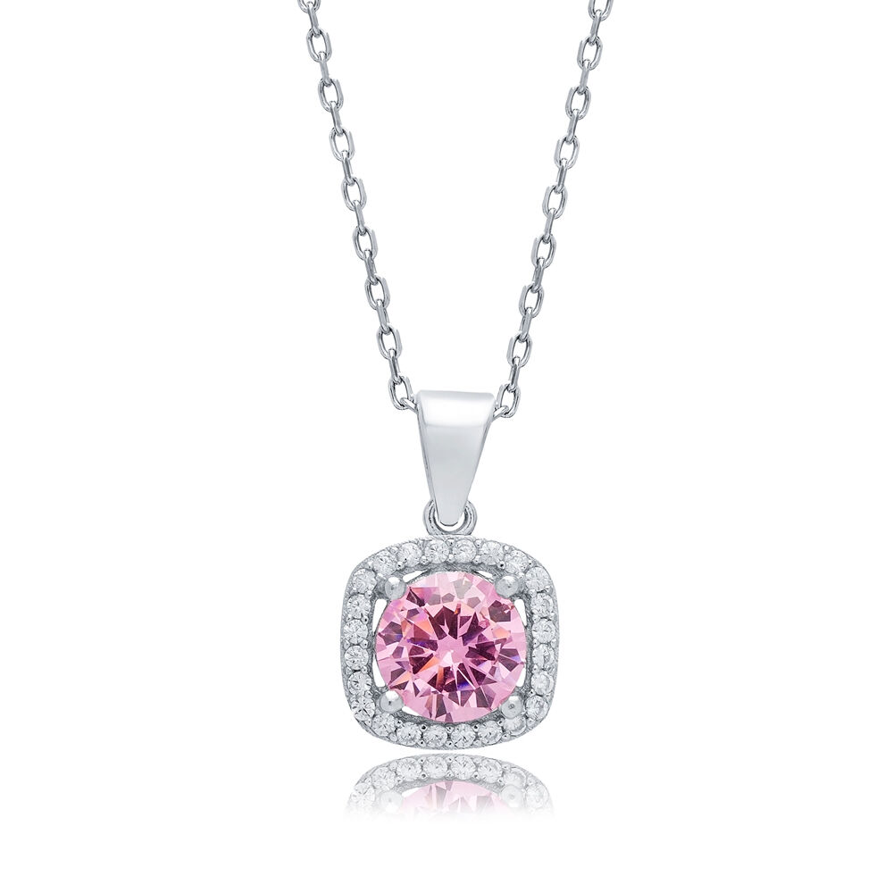 Pink CZ Round Square Design Turkish Silver Charm Necklace
