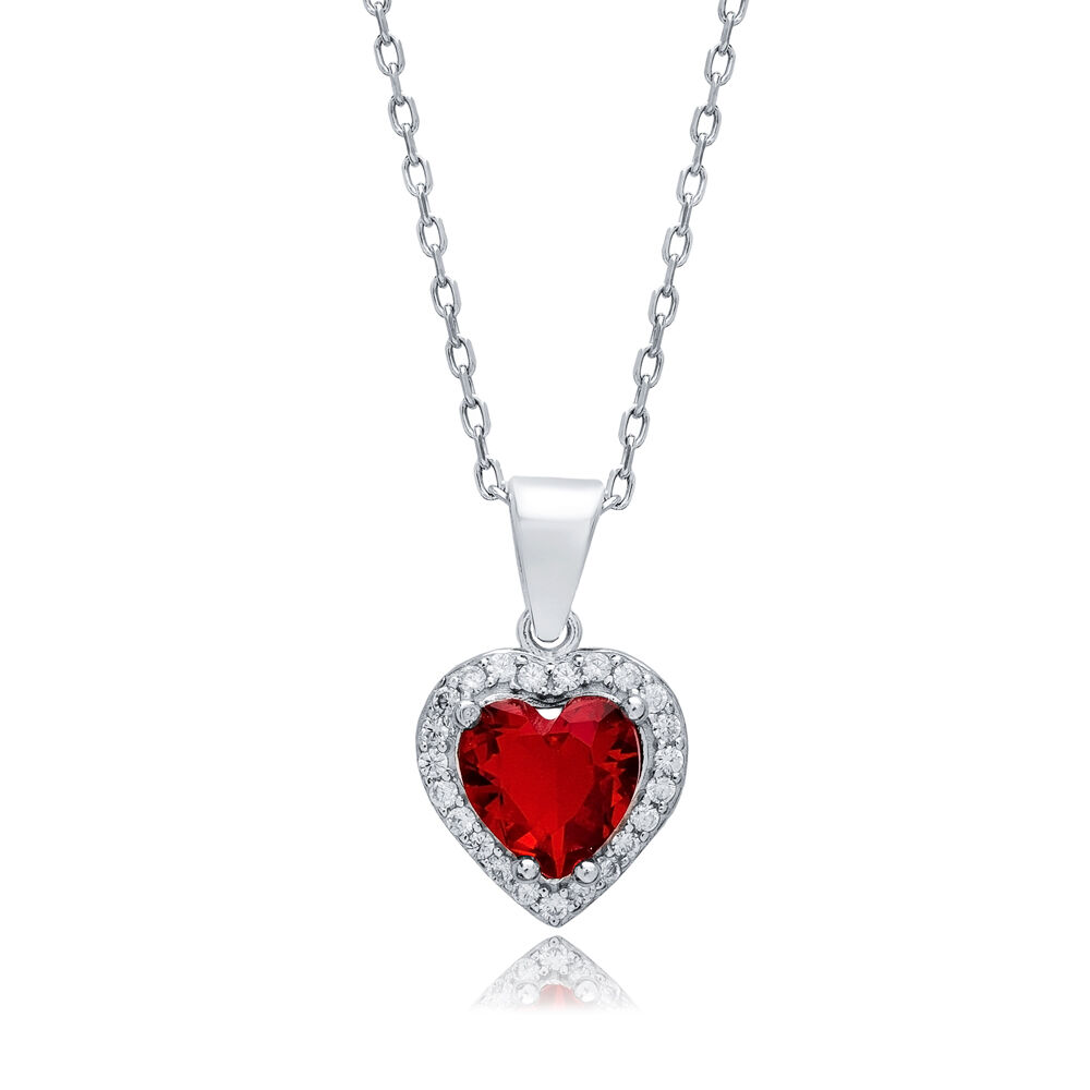 Garnet CZ Heart Design Silver Charm Necklace Pendant