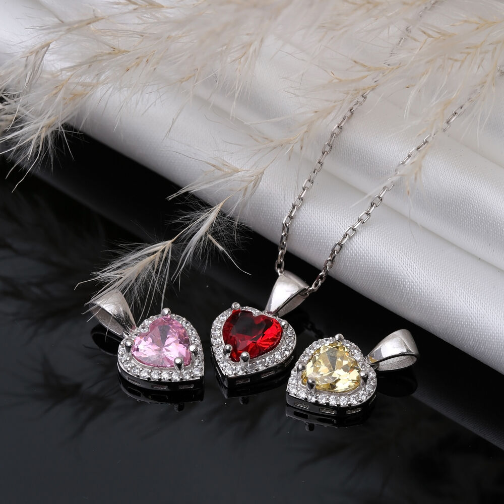 Pink CZ Heart Design Silver Charm Necklace Pendant