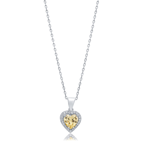Citrine CZ Heart Design Silver Charm Necklace Pendant