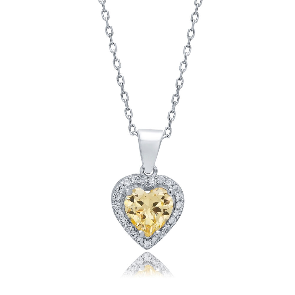 Citrine CZ Heart Design Silver Charm Necklace Pendant