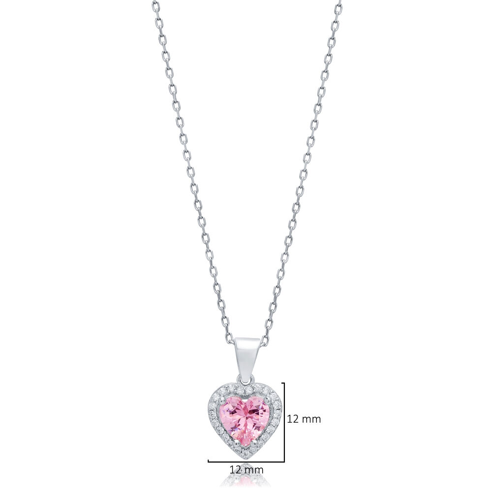 Pink CZ Heart Design Silver Charm Necklace Pendant