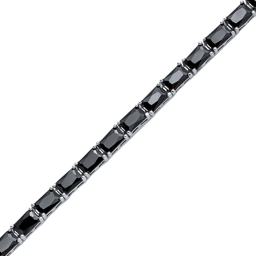 Black CZ Stone Rectangle Baguette Silver Tennis Bracelet