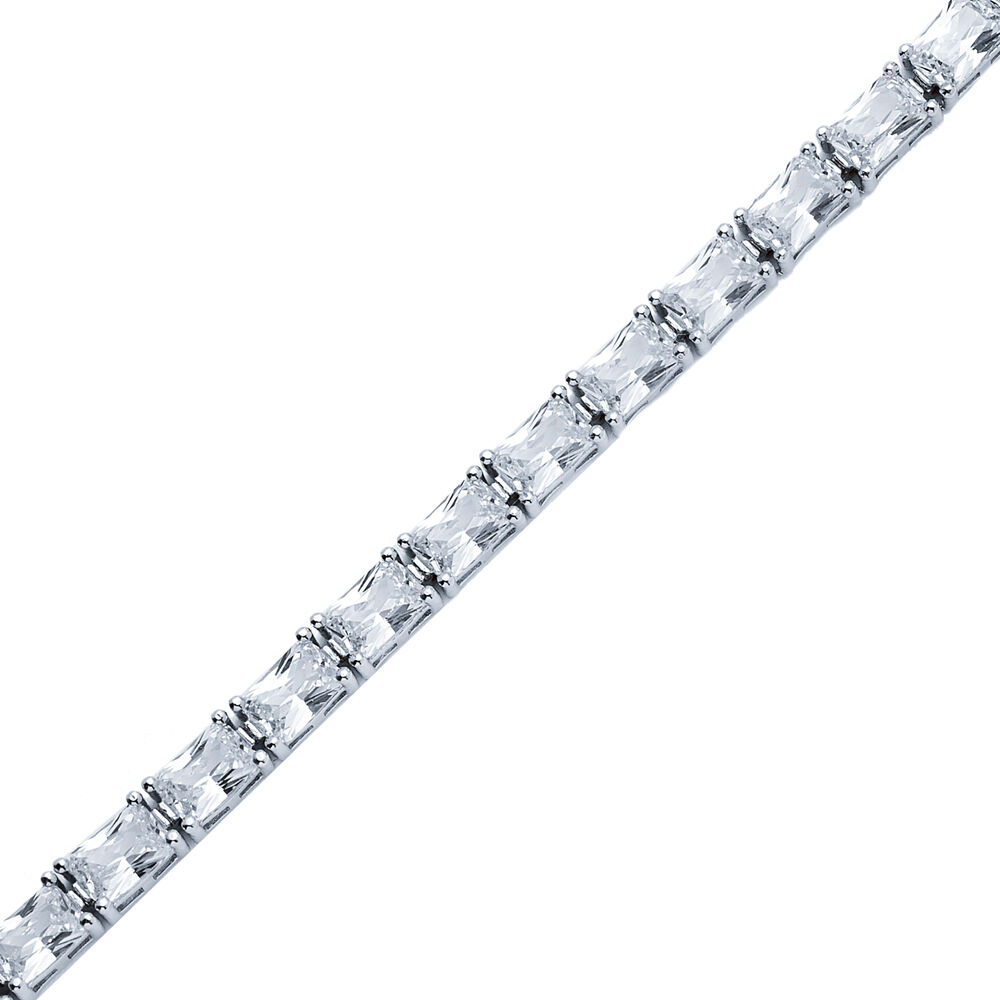 White CZ Stone Rectangle Baguette Silver Tennis Bracelet