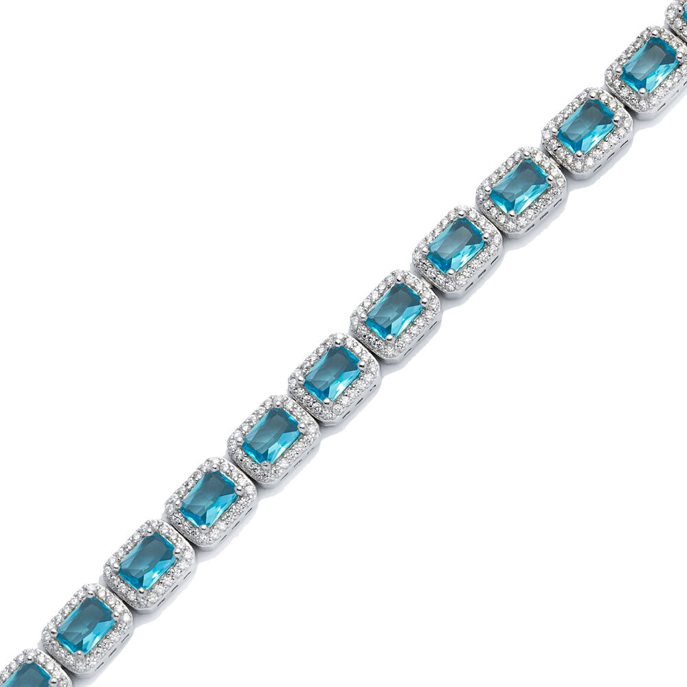 Baguette Design Aquamarine CZ Stone Silver Tennis Bracelet