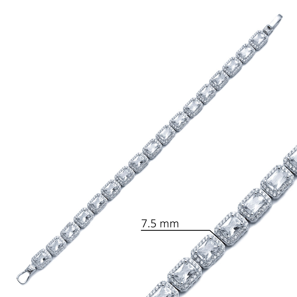 White CZ Stone Baguette Design Silver Tennis Bracelet