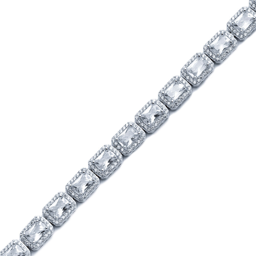 White CZ Stone Baguette Design Silver Tennis Bracelet