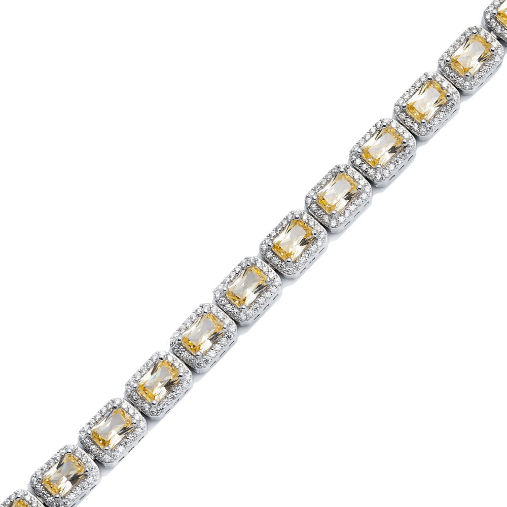 Citrine CZ Stone Baguette Design Silver Tennis Bracelet