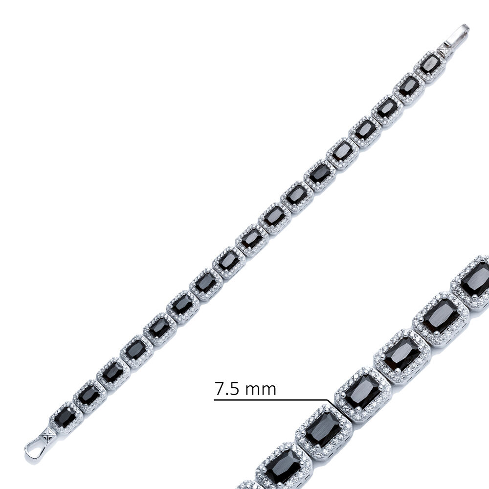 Black CZ Stone Baguette Design Silver Tennis Bracelet