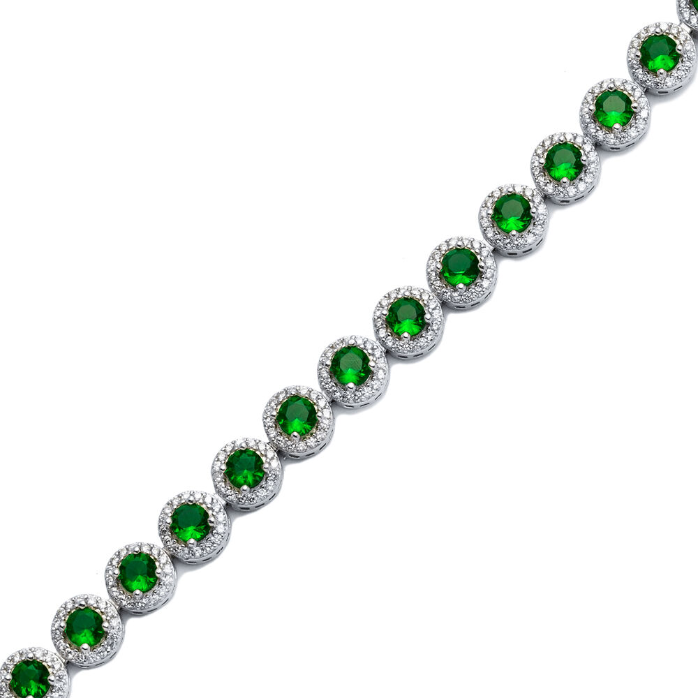Emerald CZ Stone Round Design Silver Tennis Bracelet