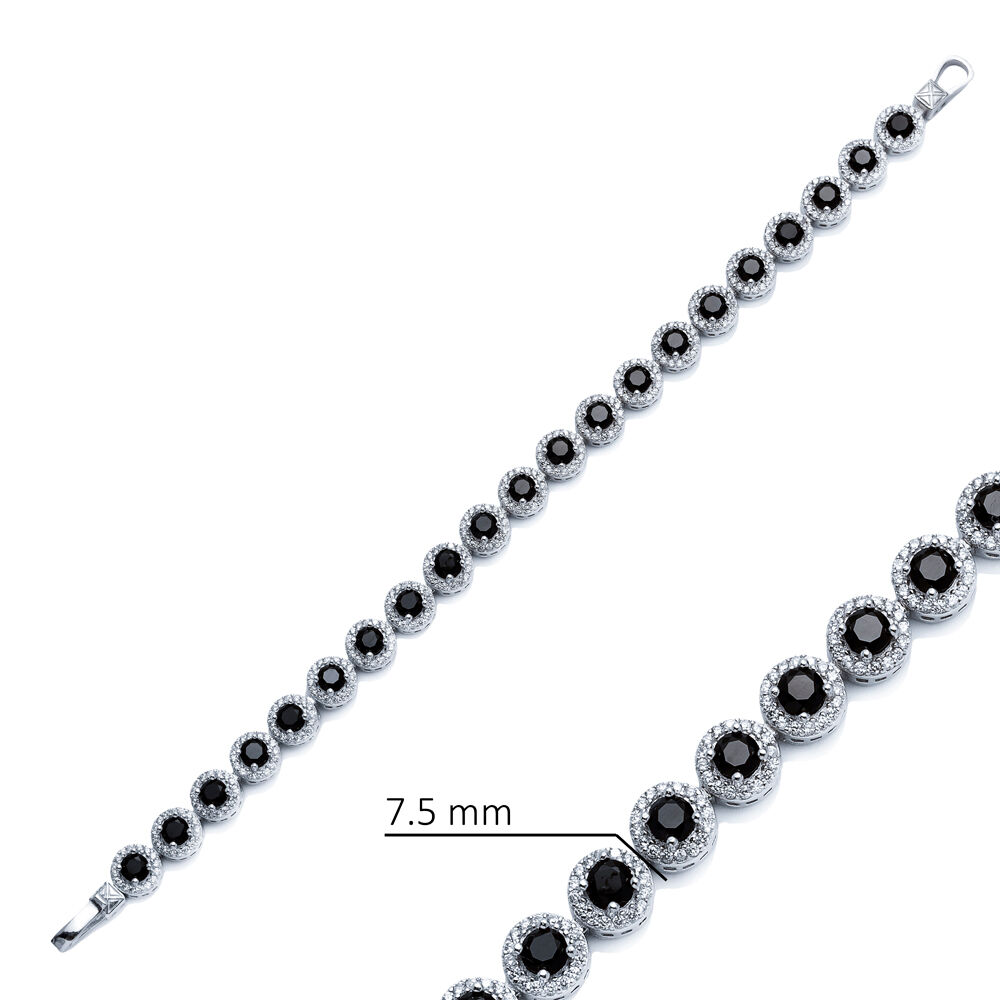 Black CZ Stone Round Design Silver Tennis Bracelet