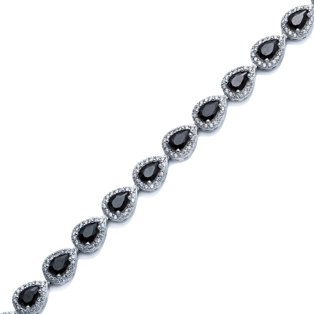 Pear Design Black CZ Stone Silver Tennis Bracelet