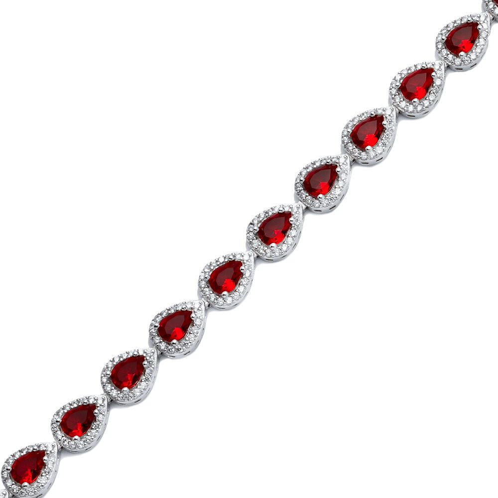 Garnet CZ Stone Pear Design Silver Tennis Bracelet