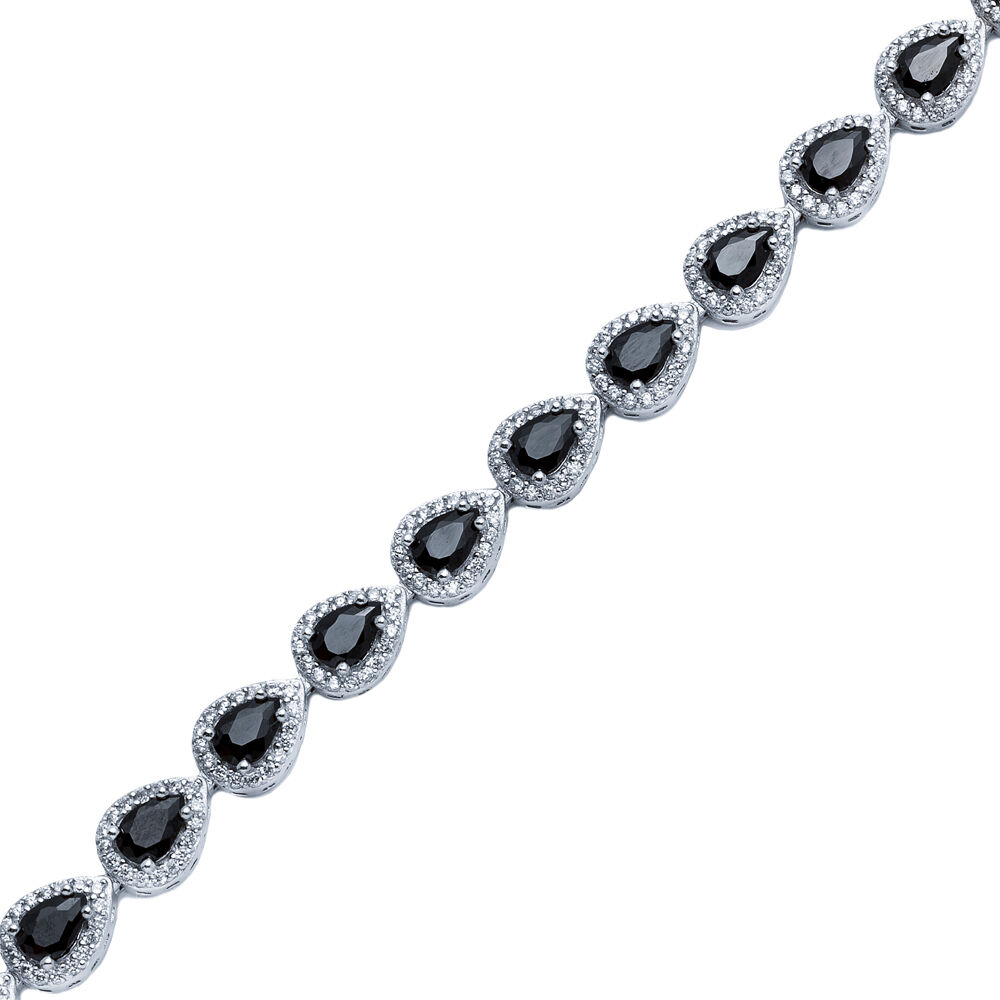 Black CZ Stone Pear Design Silver Tennis Bracelet