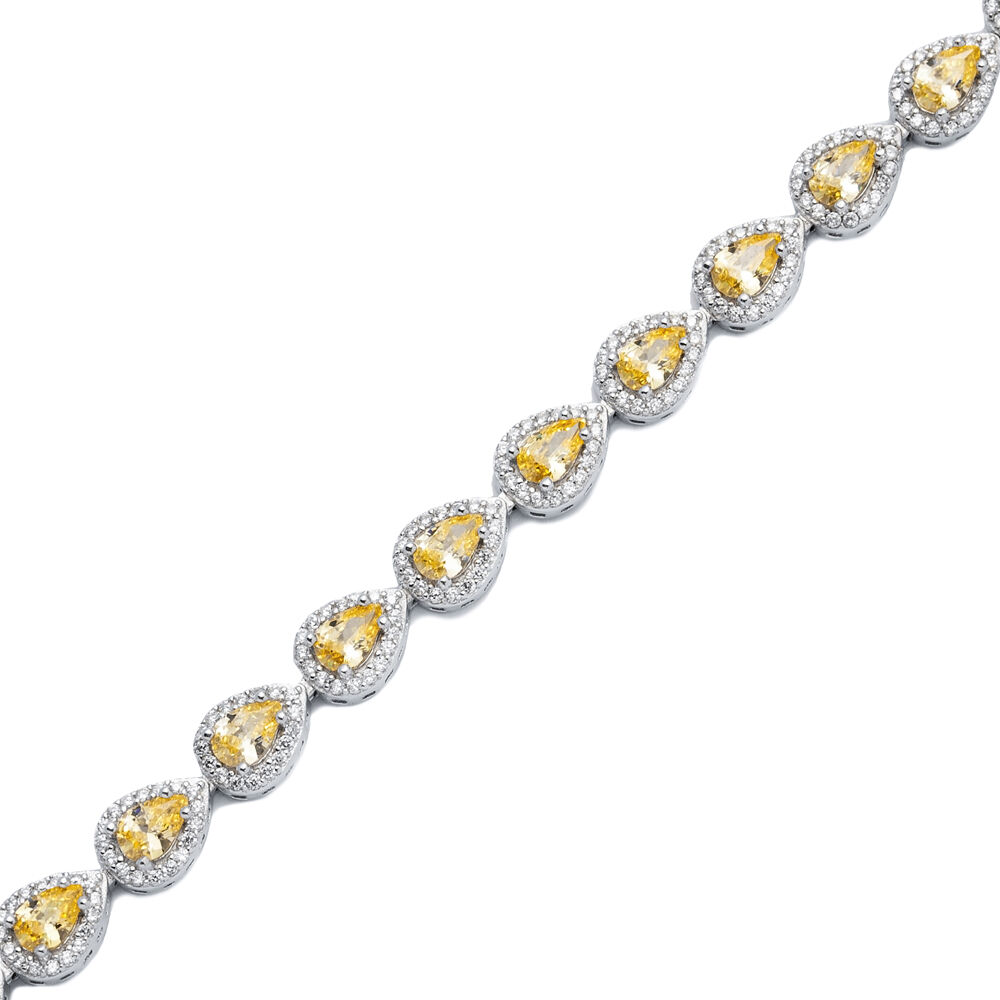 Citrine CZ Stone Pear Design Silver Tennis Bracelet