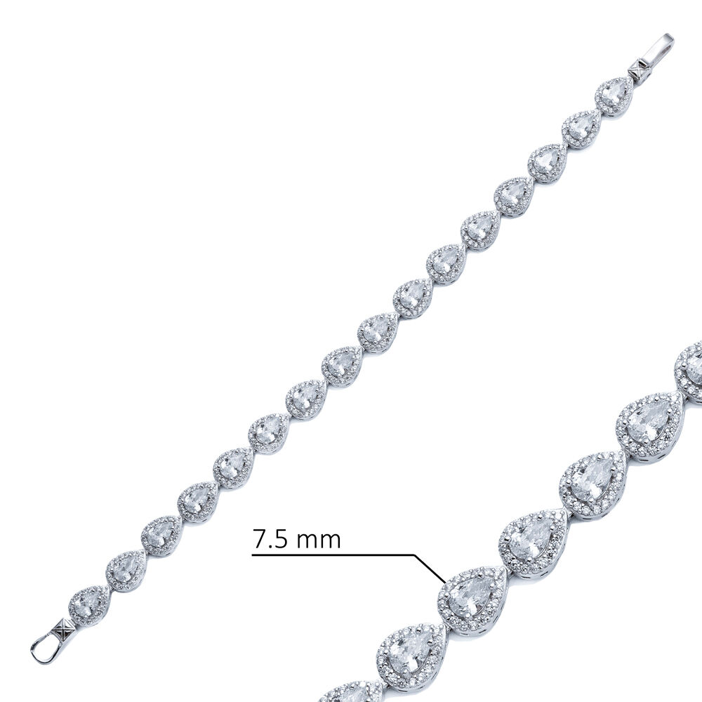 White CZ Stone Pear Design Silver Tennis Bracelet