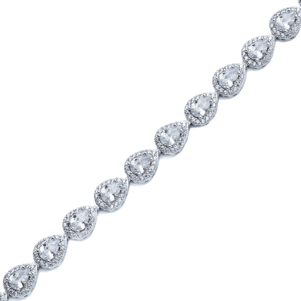 White CZ Stone Pear Design Silver Tennis Bracelet