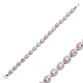 Pink CZ Stone Oval Design Silver Tennis Bracelet