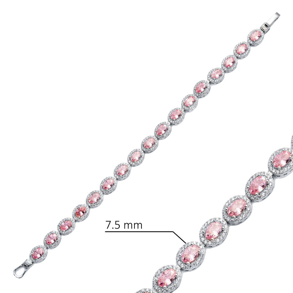 Pink CZ Stone Oval Design Silver Tennis Bracelet