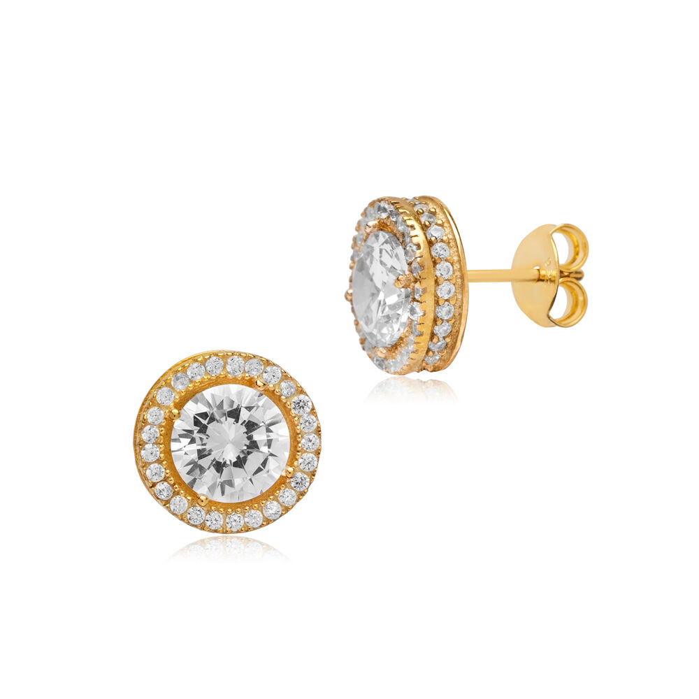 Round Design Clear Cz Stone Turkish Silver Stud Earrings