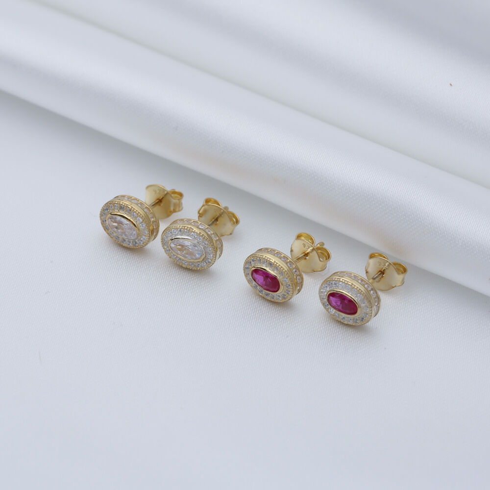 Ruby CZ Stone Oval Design Handmade Silver Stud Earrings