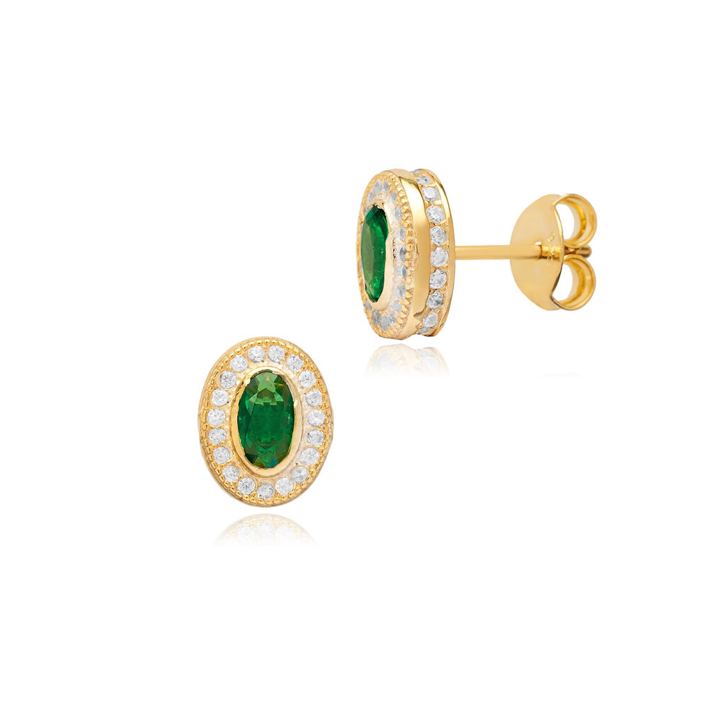 Emerald CZ Stone Oval Design Handmade Silver Stud Earrings